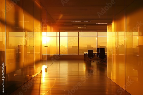 A minimalist office with glass walls reflecting the golden hour glow