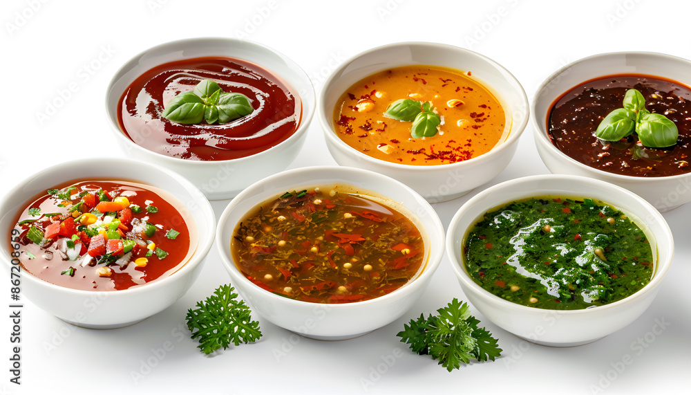 Set of different sauces in bowls isolated on white, top and side views Set of different sauces in bowls isolated on white, top and side views