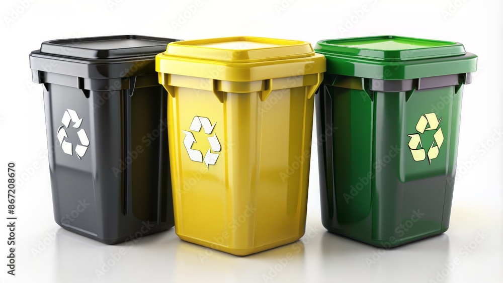 Black, yellow, and green recycle bins isolated on white background. 3D illustration. Black, yellow, and green recycle bins isolated on white background. 3D illustration.