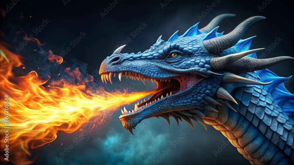 A blue dragon breathing fire A blue dragon breathing fire