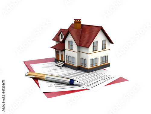 Model house on mortgage documents with pen. Image symbolizes home ownership, loans, real estate investment, and buying property.