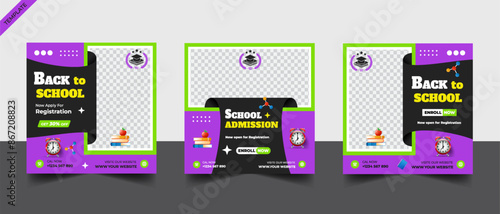 School admission social media post banner template, educational social media post square flyer back to school .	
