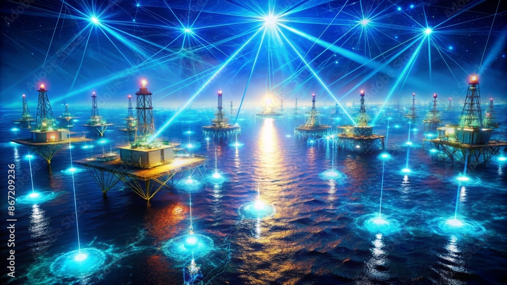 Fototapeta premium This is an illustration of an oil rig at night. The oil rig is surrounded by a sea of stars, and there is a bright light shining down from the sky.