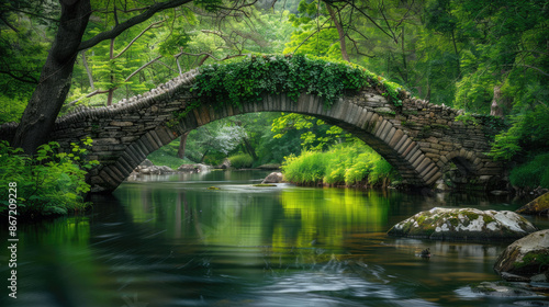 Serene Stone Bridge Over Tranquil River in Lush Green Forest with Reflections and Vibrant Foliage © LailaBee