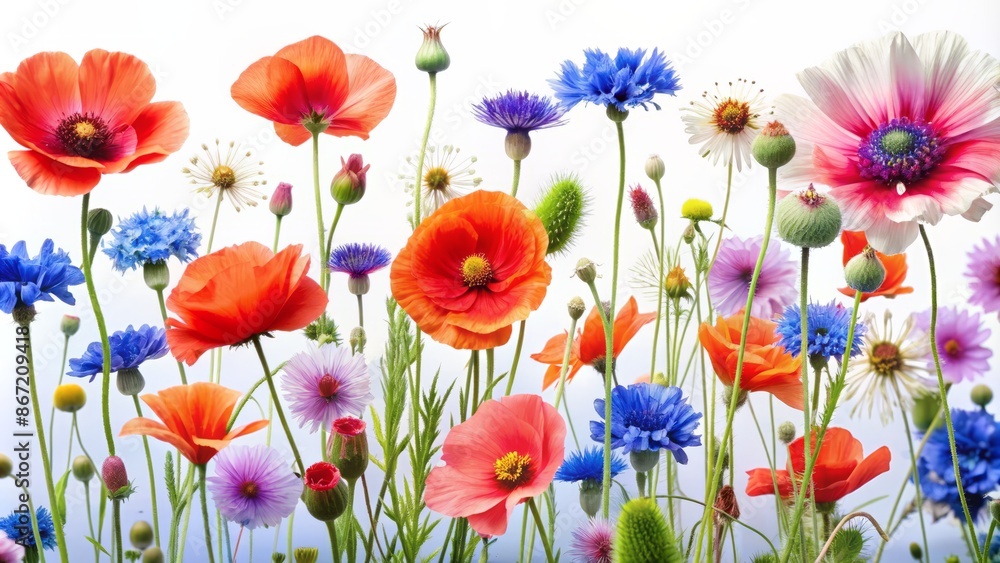 A field of red, orange, pink, violet, and blue flowers. A field of red, orange, pink, violet, and blue flowers.