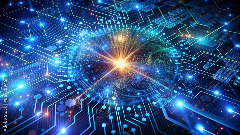 The image is of a circuit board. The colors are blue, orange, and yellow. The image is very detailed and looks like a real circuit board. The image is of a circuit board. The colors are blue, orange, and yellow. The image is very detailed and looks like a real circuit board.
