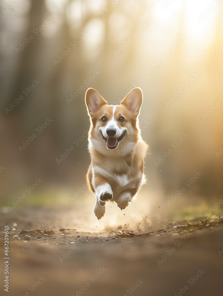 Full body shot of a Pembroke Welsh Corgi, happily running in the soft sunlight. Full body shot of a Pembroke Welsh Corgi, happily running in the soft sunlight.