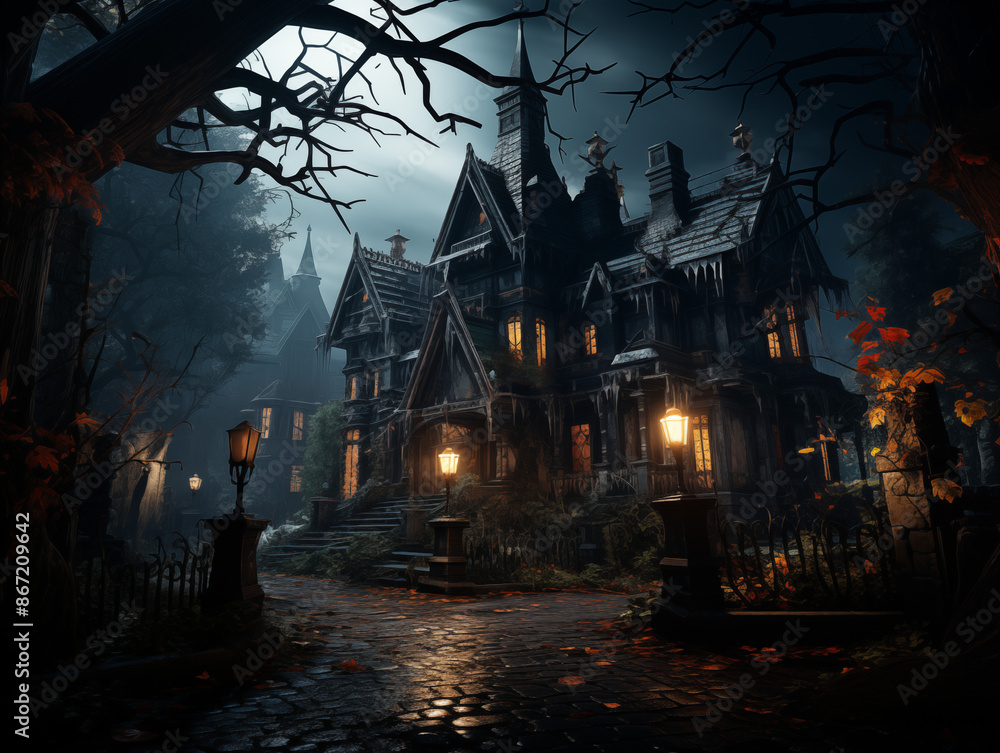 A spooky, old mansion with broken windows and overgrown vines, ghosts and bats are flying around, and eerie light glows from inside the house A spooky, old mansion with broken windows and overgrown vines, ghosts and bats are flying around, and eerie light glows from inside the house