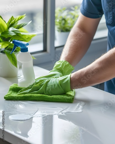 Wallpaper Mural A professional cleaning service worker wearing gloves is cleaning the table with a microfiber cloth Torontodigital.ca