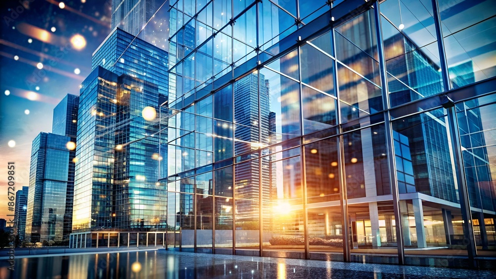 Background of future urban and corporate architecture. Real estate idea with bokeh, motion blur, and a reflection in a glass panel of a skyscraper facade. Generative AI Background of future urban and corporate architecture. Real estate idea with bokeh, motion blur, and a reflection in a glass panel of a skyscraper facade. Generative AI