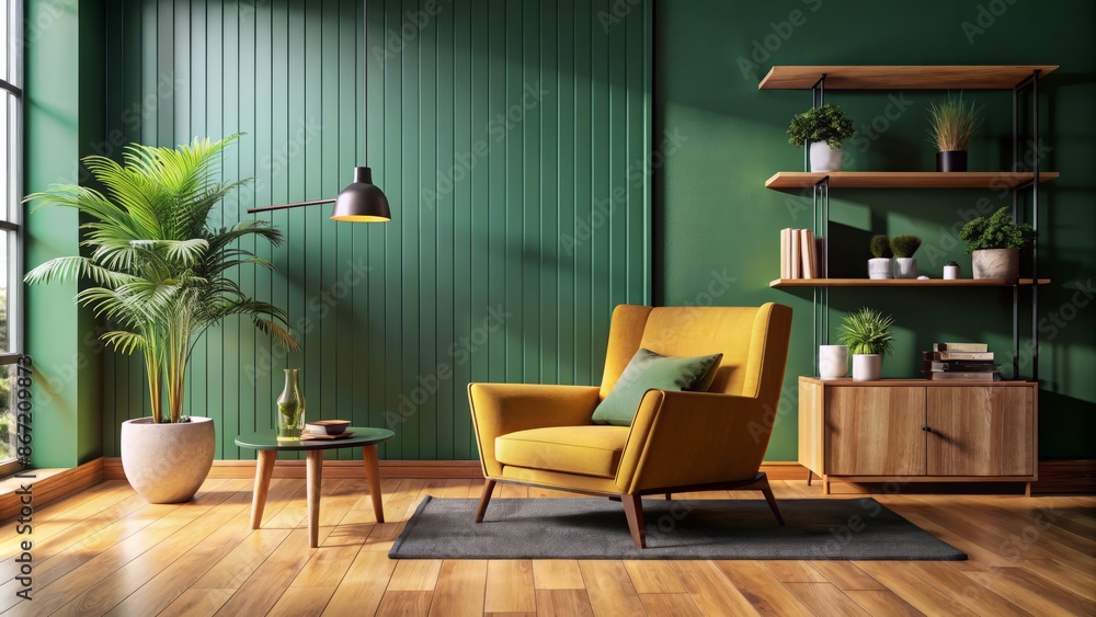 The living room is painted in a deep green color, which is offset by the light wood floors and white trim. The living room is painted in a deep green color, which is offset by the light wood floors and white trim.