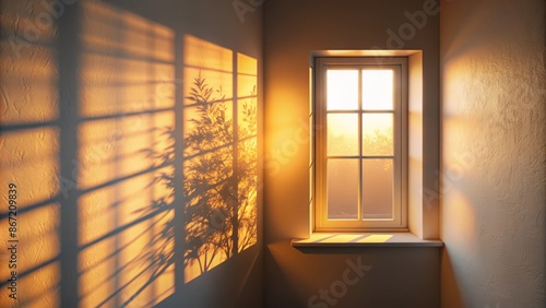  The image shows a room with a window. The window is letting in sunlight, which is casting shadows on the walls and floor. 