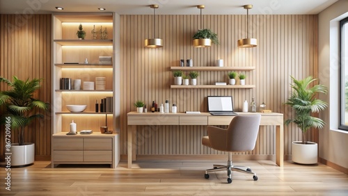  The image shows a home office with a large wooden desk, a comfortable chair, and a lot of plants.  © Man888