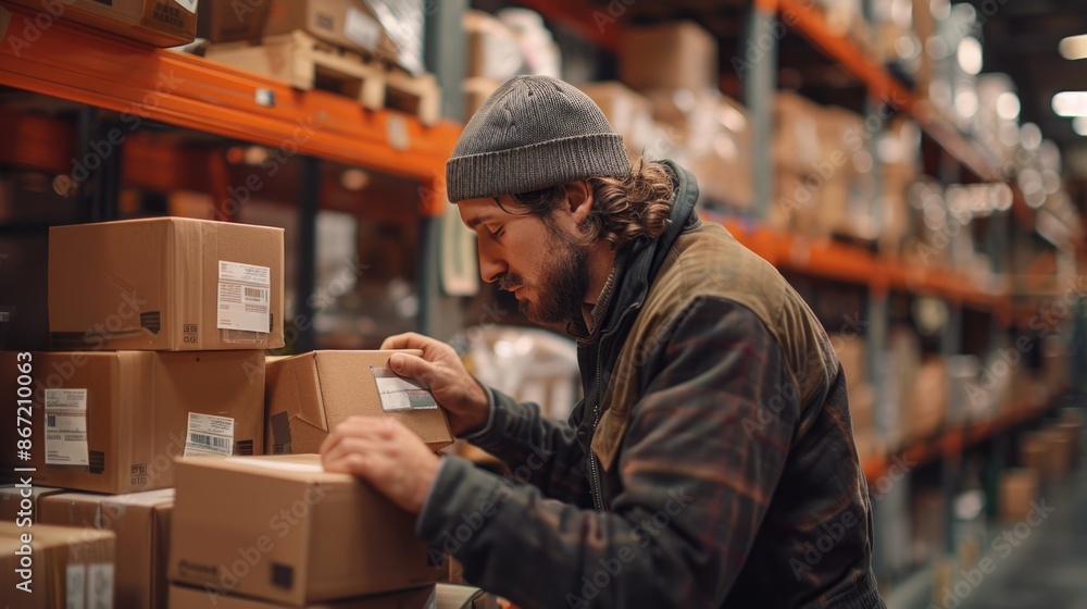 Warehouse Worker Checking Inventory in Industrial Storage Area Warehouse Worker Checking Inventory in Industrial Storage Area