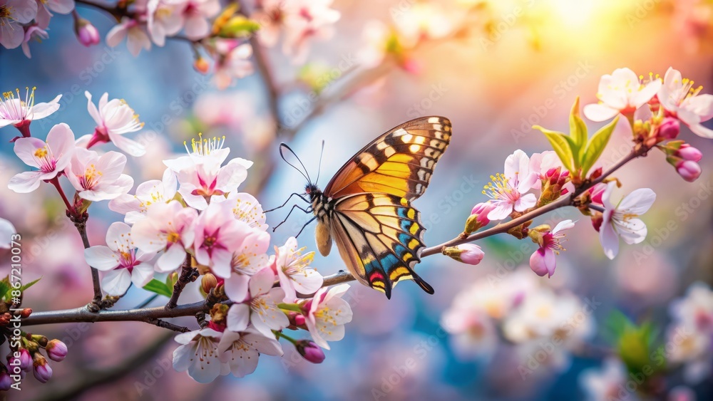 A beautiful butterfly sits on a branch of a cherry blossom tree. The delicate pink and white blossoms are a perfect match for the butterfly's vibrant wings. A beautiful butterfly sits on a branch of a cherry blossom tree. The delicate pink and white blossoms are a perfect match for the butterfly's vibrant wings.