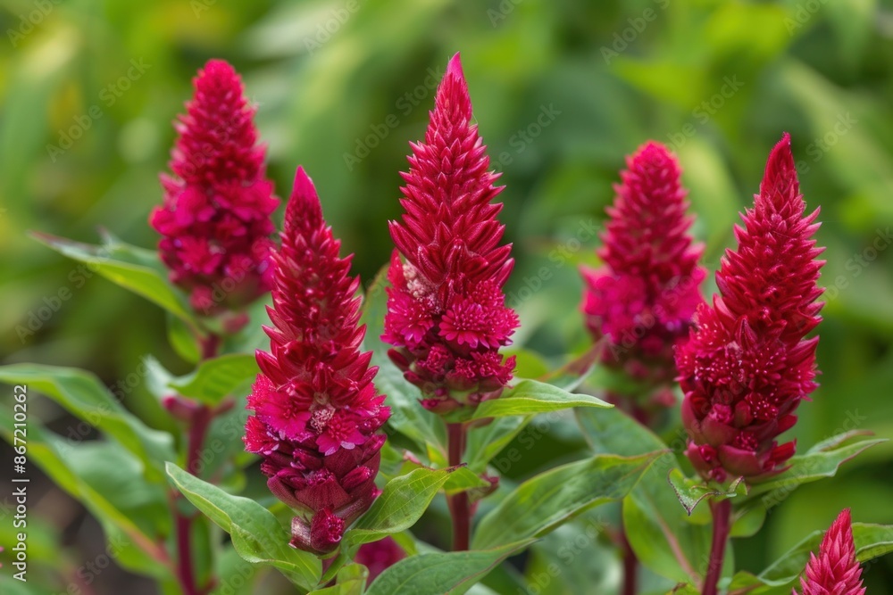 Red celosia flowers thriving in a lush garden environment Red celosia flowers thriving in a lush garden environment