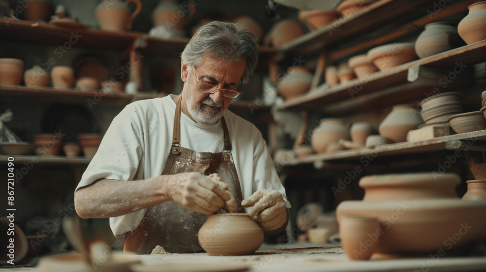 A man is working on a pottery piece in a workshop. He is wearing an apron and has a serious expression on his face. The workshop is filled with various pottery pieces, including vases and bowls A man is working on a pottery piece in a workshop. He is wearing an apron and has a serious expression on his face. The workshop is filled with various pottery pieces, including vases and bowls