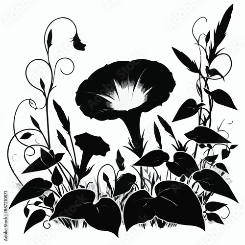 Morning glories sunrise flower silhouette vector illustration. Generative AI