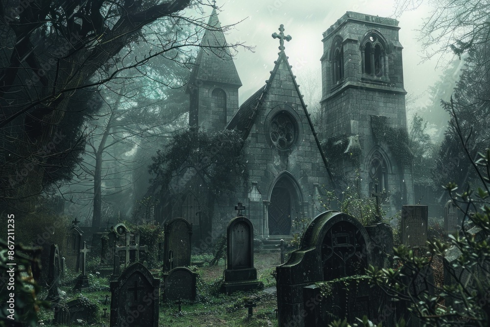 Old stone church building with a steeple is surrounded by fog and tombstones in a cemetery Old stone church building with a steeple is surrounded by fog and tombstones in a cemetery