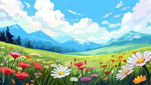 Idyllic mountain landscape with blooming wildflowers, lush meadows, and snow capped peaks. Perfect for nature, spring, and travel.