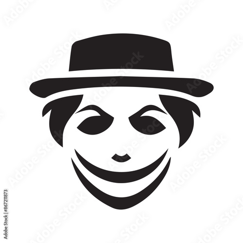 Simple black and white joker face with smile silhouette