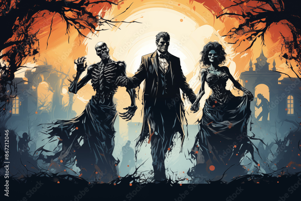 Classic Halloween Monsters Dancing in a Spooky, and Decorated Ballroom 