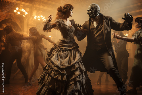 Classic Halloween Monsters Dancing in a Spooky, and Decorated Ballroom 