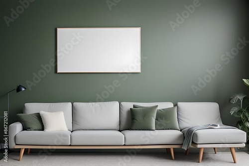 A mockup white frame in forest green and moss green living room on wall. © abidali