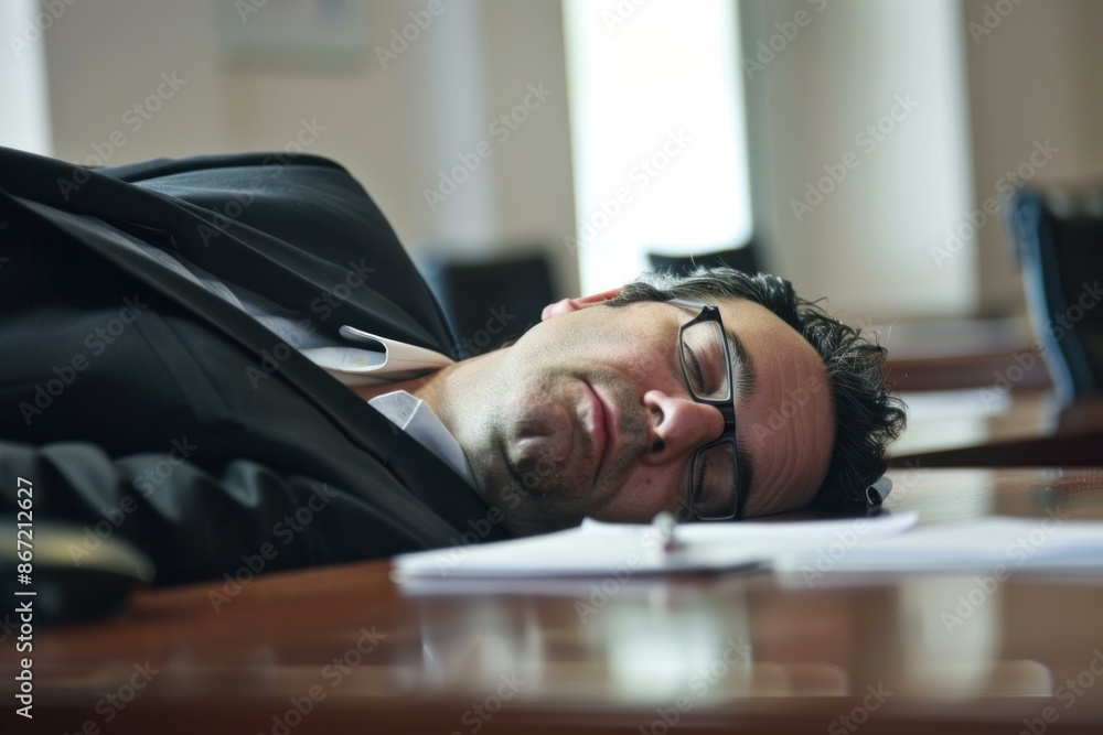 Businessman wearing glasses sleeping on his desk at work after working too much Businessman wearing glasses sleeping on his desk at work after working too much