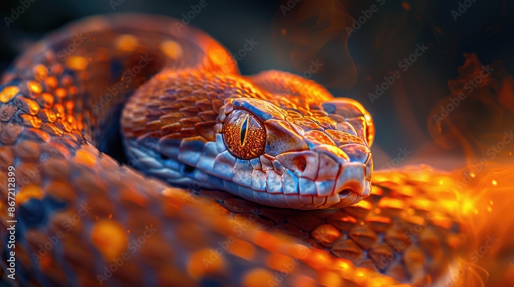 Fototapeta premium Close-up view of a snake engulfed in vibrant flames, showcasing the intensity of the fire and the striking image of the burning reptile.
