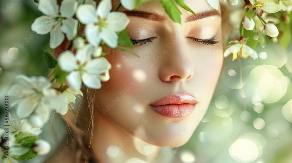 Serene Woman with Closed Eyes Surrounded by Blossoming Flowers in Sunlit Spring Garden Serene Woman with Closed Eyes Surrounded by Blossoming Flowers in Sunlit Spring Garden