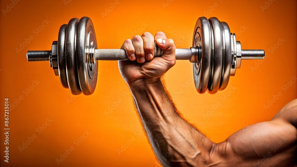 Male hand lifting heavy dumbbell on orange background, closeup Male hand lifting heavy dumbbell on orange background, closeup