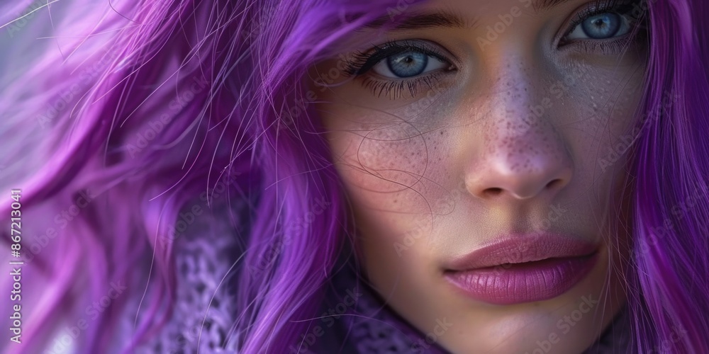 Close up of person with purple hair Close up of person with purple hair