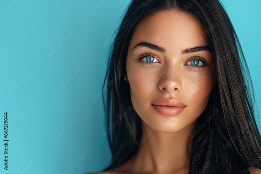 Woman with blue eyes against a teal background Woman with blue eyes against a teal background