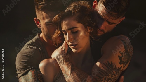 Two muscular men grab a struggling woman