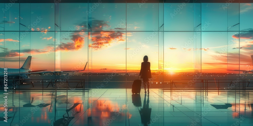 Woman with Luggage at Airport Terminal During Vibrant Sunset Woman with Luggage at Airport Terminal During Vibrant Sunset