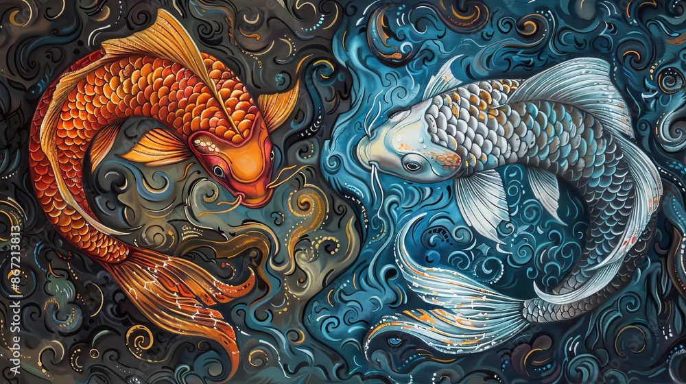 Yin and yang symbol depicted by two fish, swirling energies, detailed drawing, harmonious balance, intricate scales, vibrant and contrasting colors Yin and yang symbol depicted by two fish, swirling energies, detailed drawing, harmonious balance, intricate scales, vibrant and contrasting colors