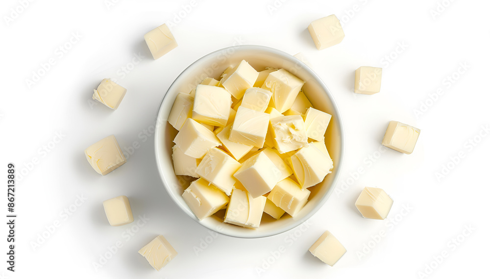 Tasty butter cubes in bowl isolated on white, top view Tasty butter cubes in bowl isolated on white, top view