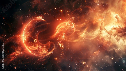 Yin yang symbol with abstract light and fire particles, stars and universe backdrop, dynamic and cosmic, detailed and mesmerizing