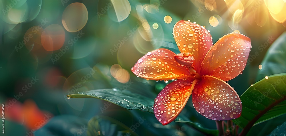 Idea generation, close-up shot of a vividly colored tropical flower, vibrant petals with morning dew, photorealistic detail, lush green background, bright and clean composition Idea generation, close-up shot of a vividly colored tropical flower, vibrant petals with morning dew, photorealistic detail, lush green background, bright and clean composition