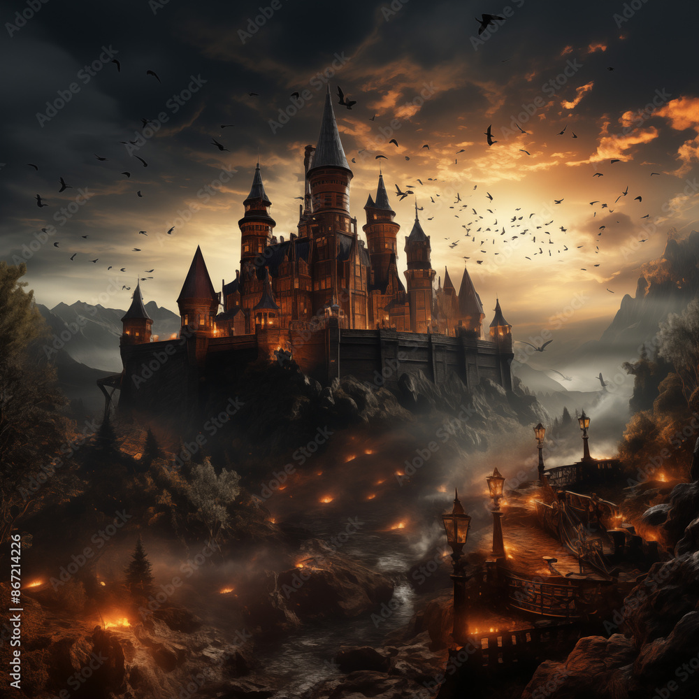 Gothic Castle on a Cliff with Lightning in the Background Gothic Castle on a Cliff with Lightning in the Background