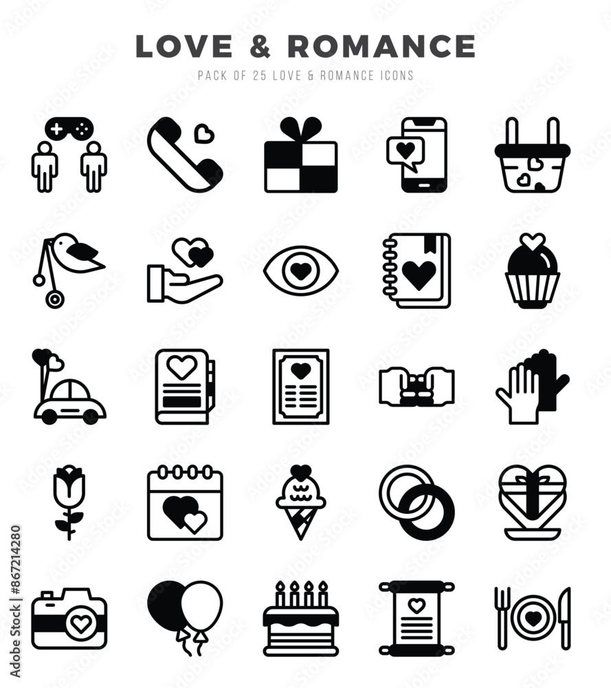 Fototapeta premium Collection of Love & Romance 25 Lineal Filled Icons Pack.
