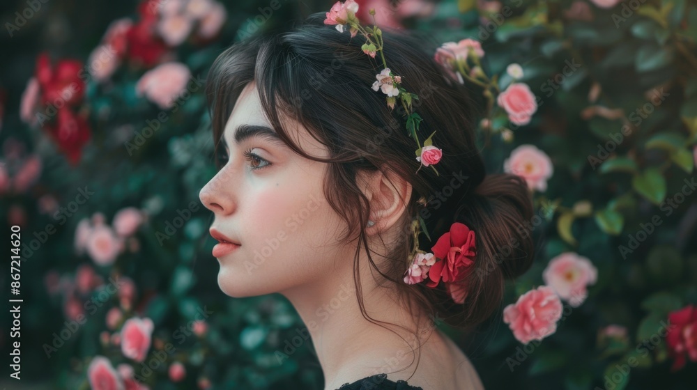 Woman Amidst Blooming Roses in a Garden Serenity, Beauty, and Nature Woman Amidst Blooming Roses in a Garden Serenity, Beauty, and Nature