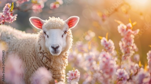 Sheep standing in field of flowers #867214643