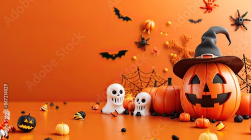 halloween background with pumpkin and bats photo