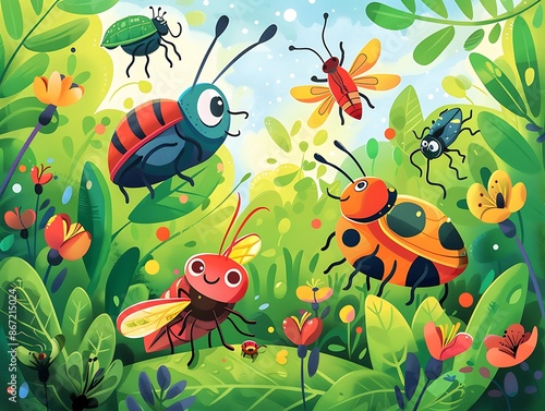 Create a vibrant educational poster with a theme of backyard bugs