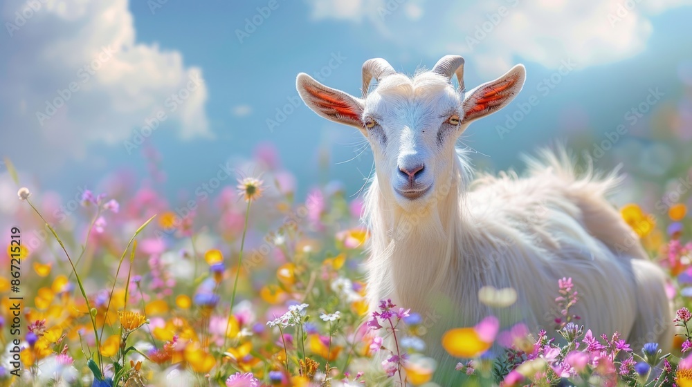 White goat standing in field of flowers White goat standing in field of flowers