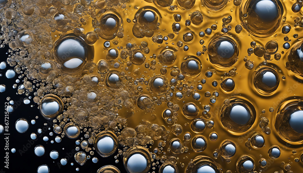 Close-up of metallic bubbles suspended in golden liquid, creating an abstract pattern Close-up of metallic bubbles suspended in golden liquid, creating an abstract pattern