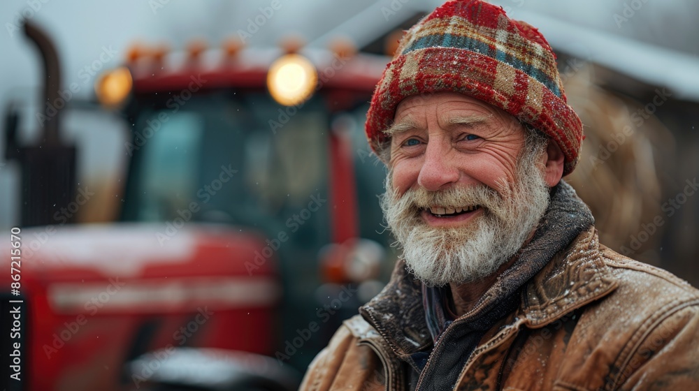 Elderly farmer smiling in field with tractor Elderly farmer smiling in field with tractor