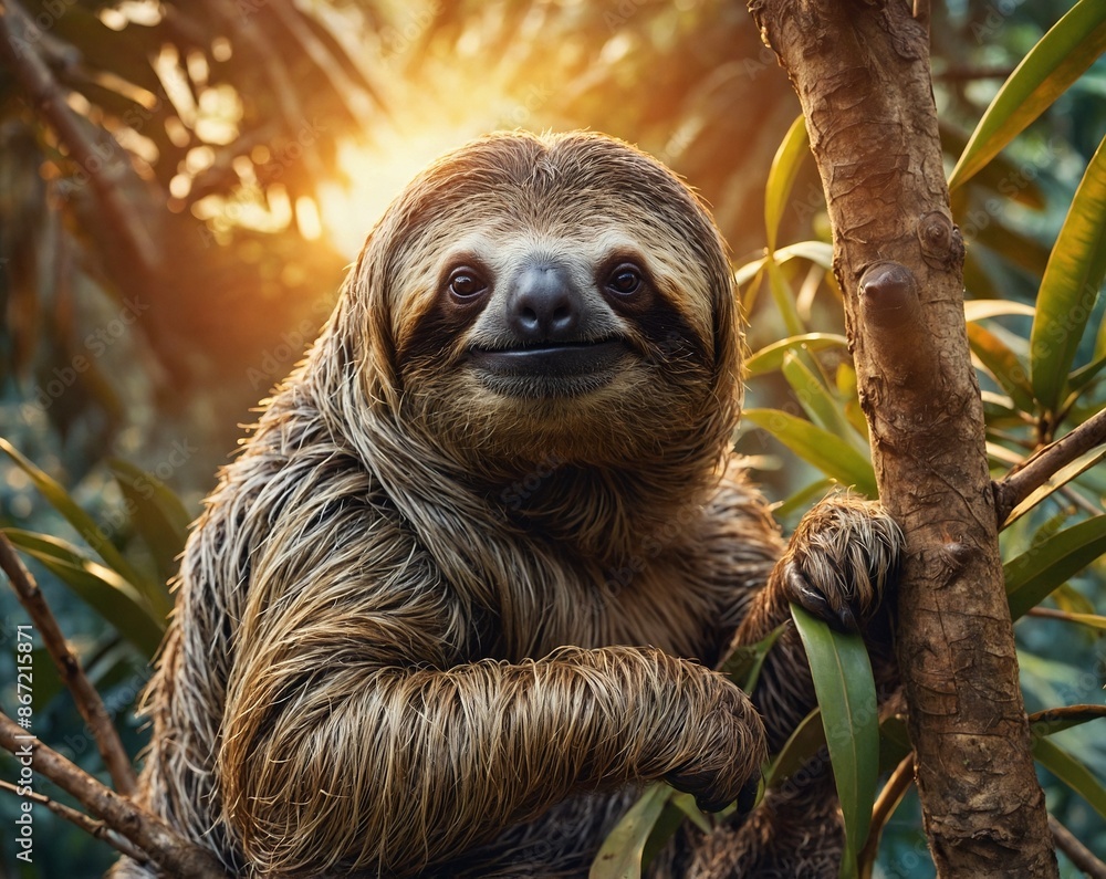 Sloth on a tree branch against the backdrop of sunset in the jungle Sloth on a tree branch against the backdrop of sunset in the jungle